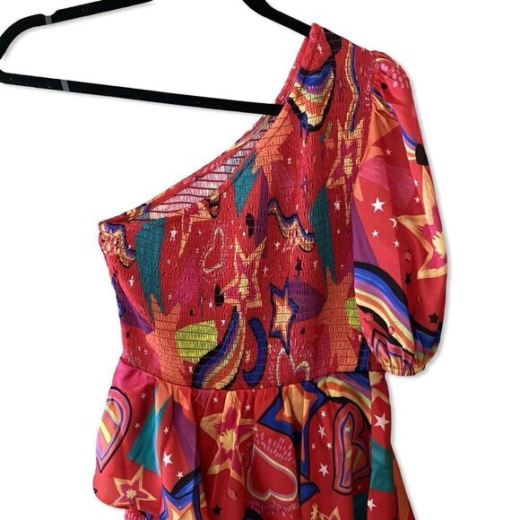ALDEN ADAIR Stargazing Dress One Shoulder Red Print Asymetrical Satin NWT S - Picture 5 of 14